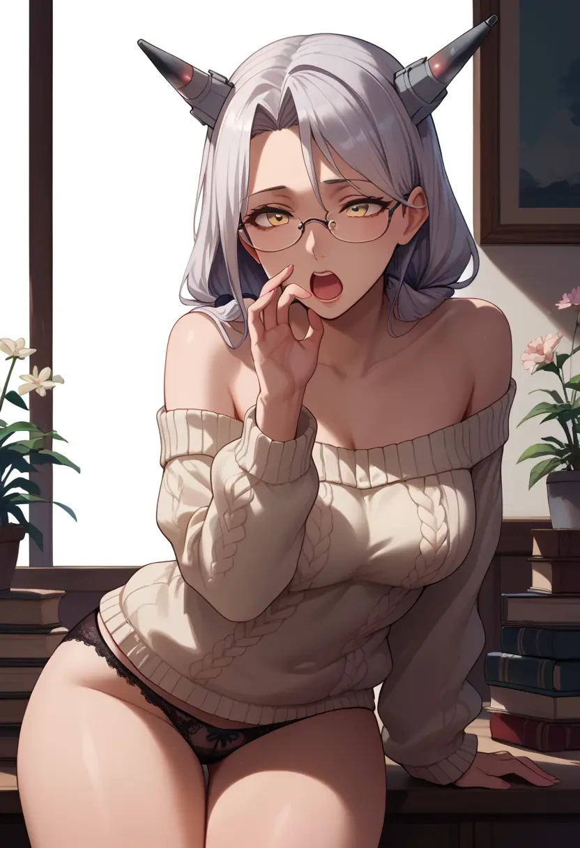 kantai_collection,ta-class_battleship,sweater,panties,off-shoulder,glasses,sexy  - 