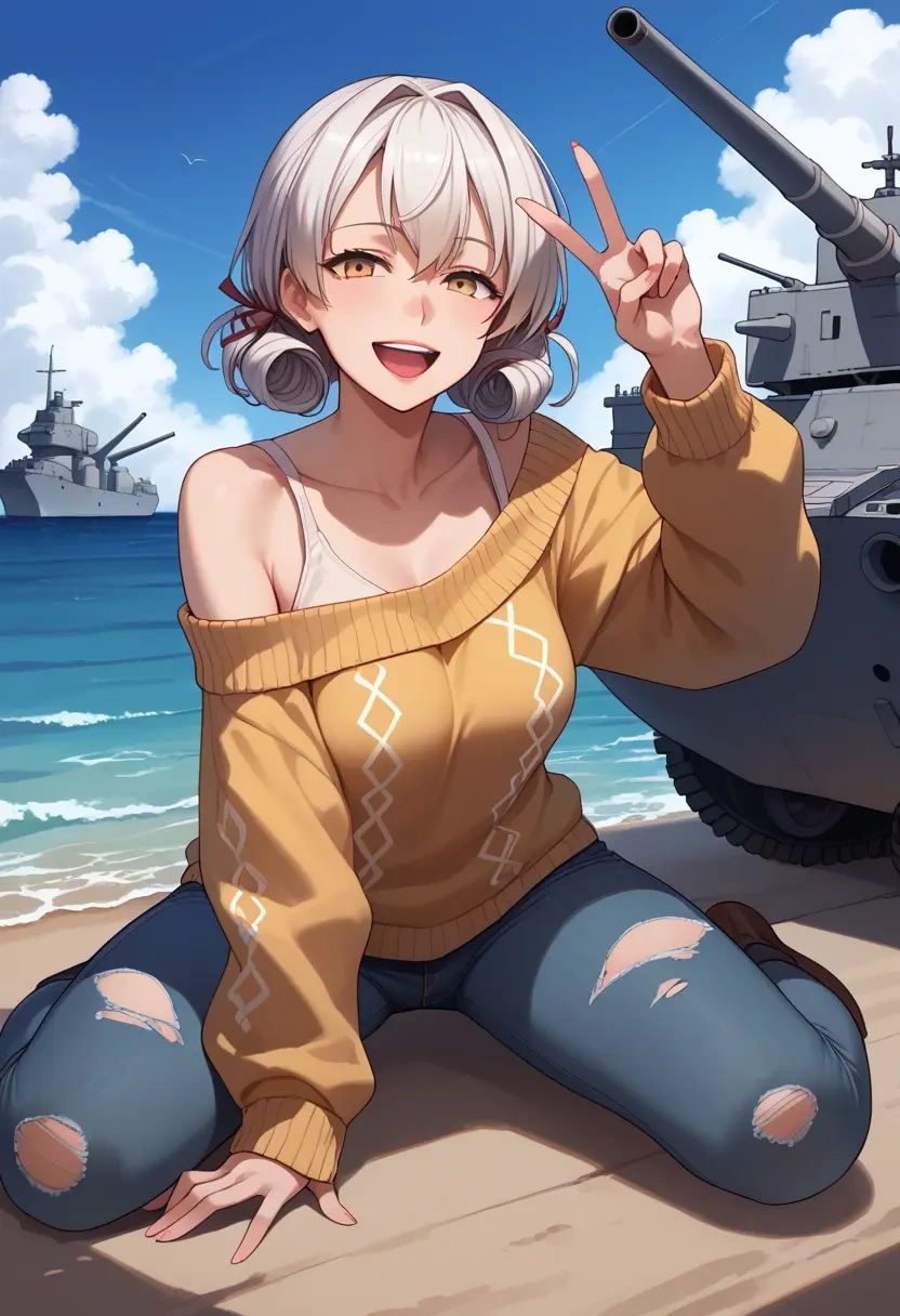 kantai_collection,ta-class_battleship,sweater,off-shoulder,ripped jeans  - 