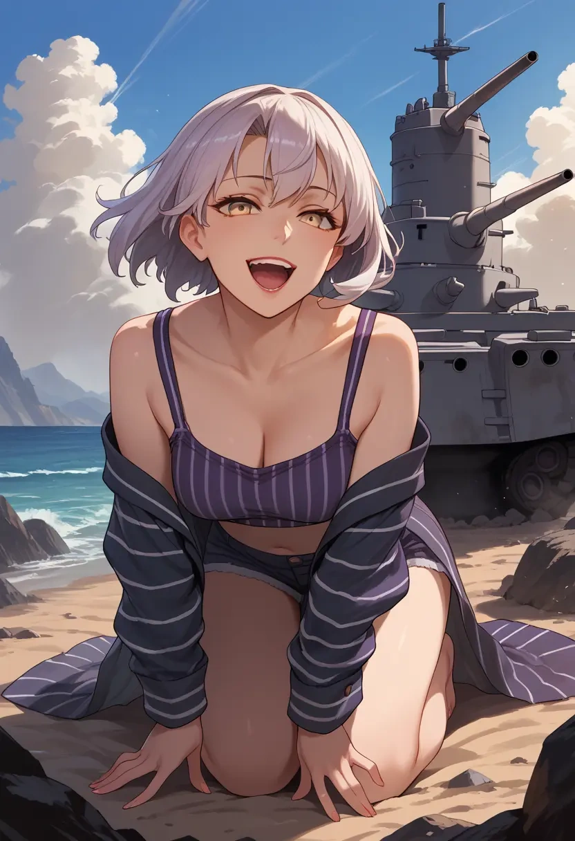 kantai_collection,ta-class_battleship,long-sleeve striped tee,pleated skirt,fishnet stockings  - 