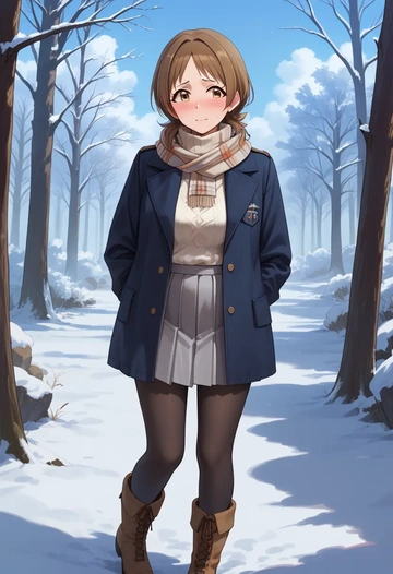 idolmaster,tachibana_arisu,winter,student uniform,puffer coat  - AI generated anime art