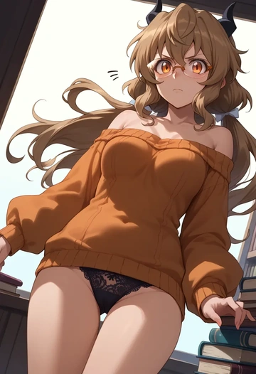 senki_zesshou_symphogear,tachibana_hibiki_(symphogear),sweater,panties,off-shoulder,glasses,sexy  - AI generated anime art