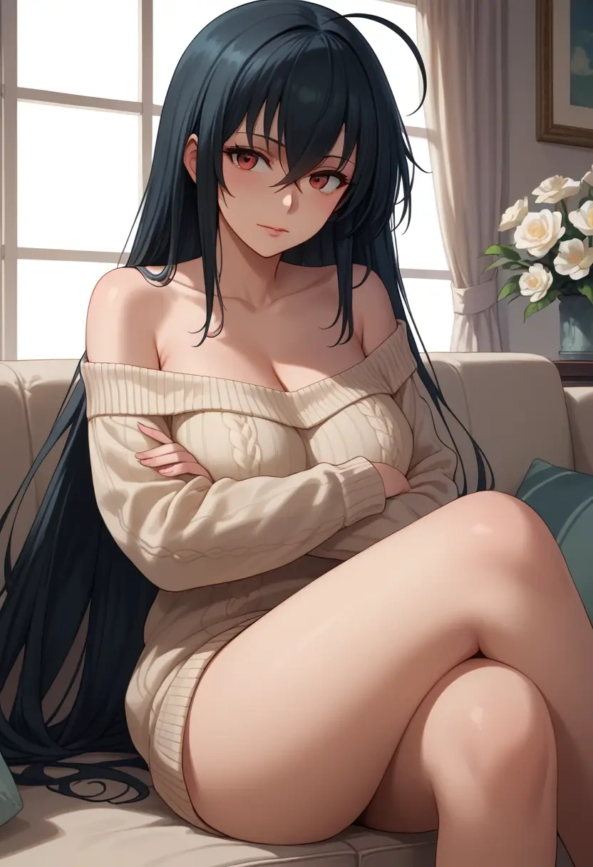 kantai_collection,taihou_(kancolle),arms crossed,off-shoulder,sweater,cross-legged  - 