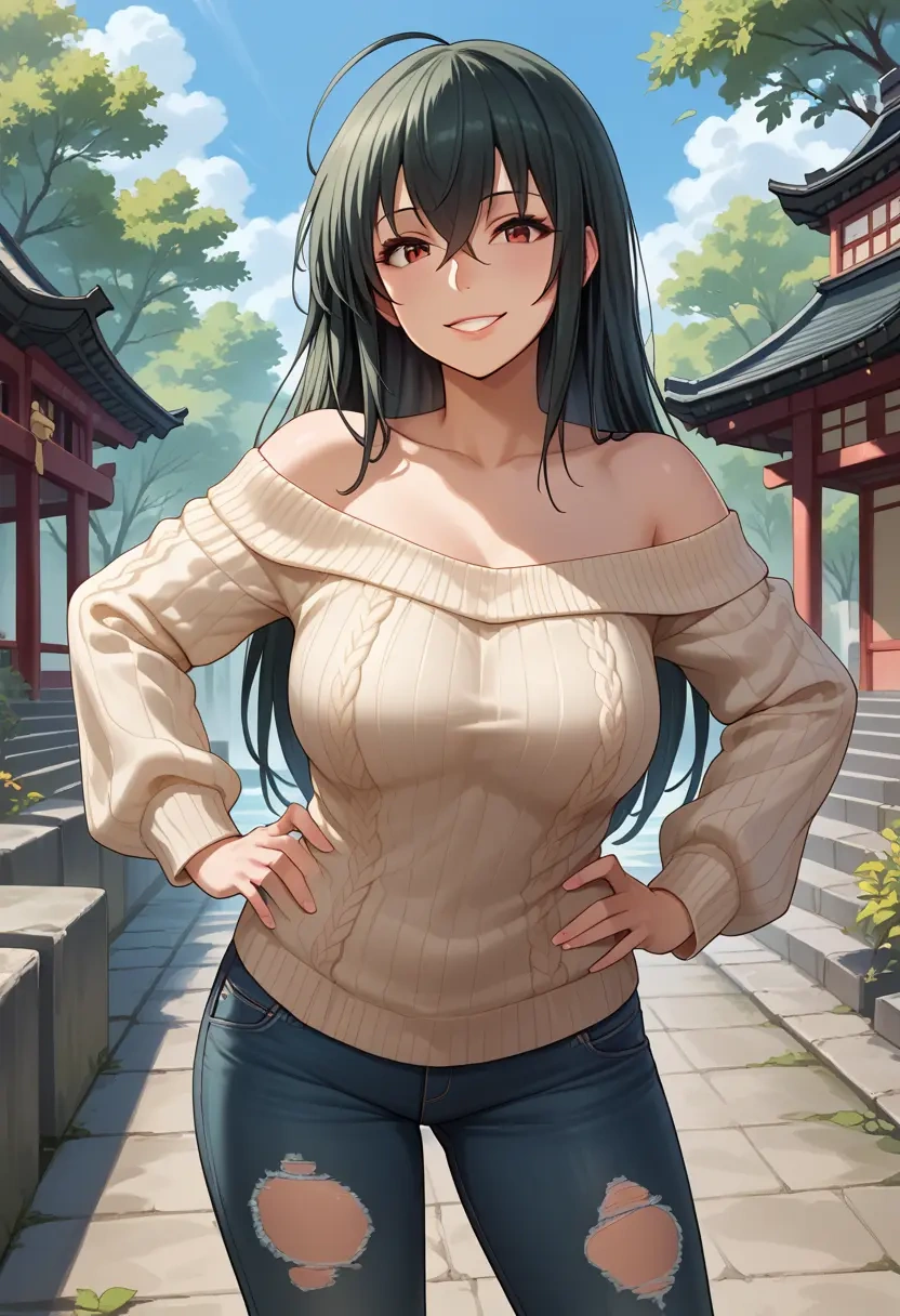 kantai_collection,taihou_(kancolle),sweater,off-shoulder,ripped jeans  - 