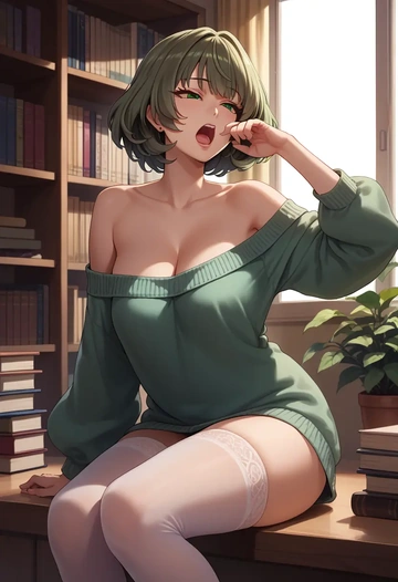 idolmaster,takagaki_kaede,Yawning,off-shoulder,sweater,stockings  - AI generated anime art