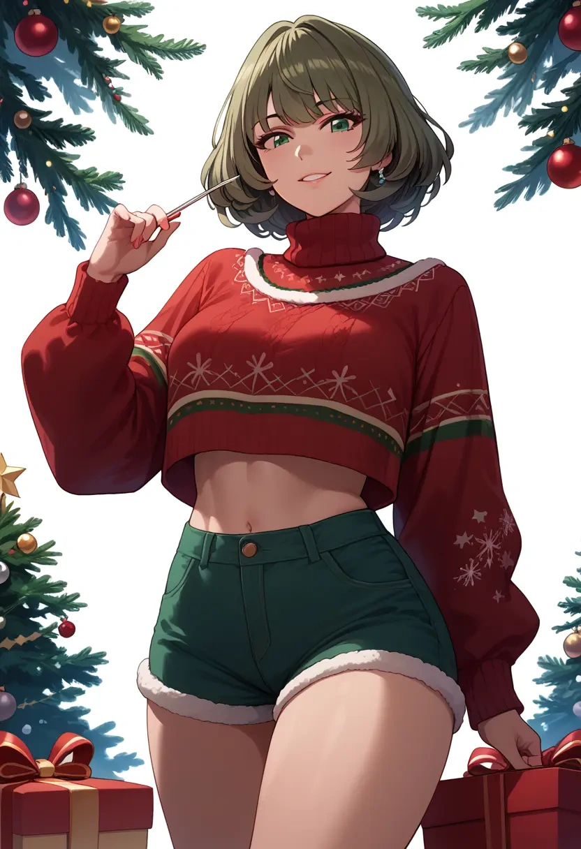 idolmaster,takagaki_kaede,Christmas,red velvet shorts,turtleneck sweater  - 