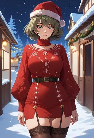 idolmaster,takagaki_kaede,sweater,stockings,Thigh garters  - AI generated anime art