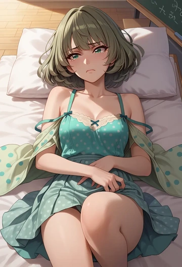 idolmaster,takagaki_kaede,silk slip dress,polka dots  - AI generated anime art