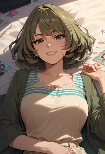 idolmaster,takagaki_kaede,striped graffiti blouse,dolphin shorts  - AI generated anime art