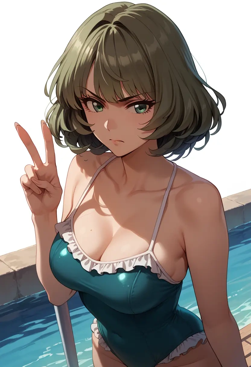 idolmaster,takagaki_kaede,retro style swimsuit,frilled neckline,bow detail  - 