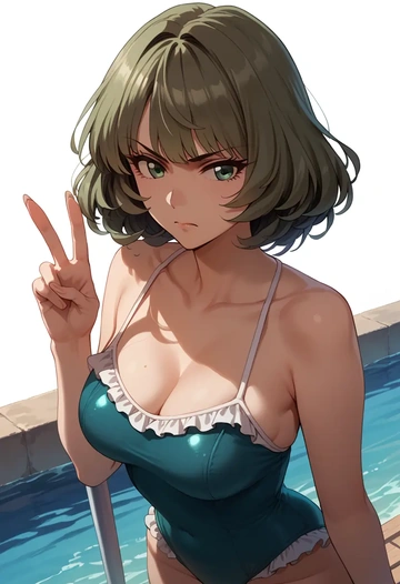 idolmaster,takagaki_kaede,retro style swimsuit,frilled neckline,bow detail  - AI generated anime art