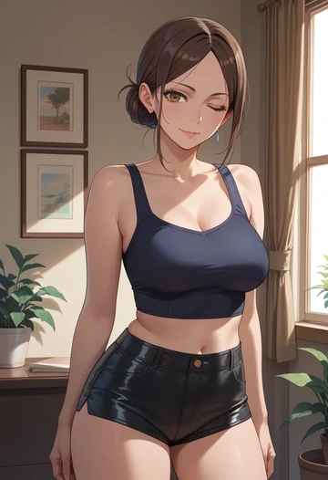 karakai_jouzu_no_takagi_san,takagi_san,leather,shorts,crop top  - AI generated anime art