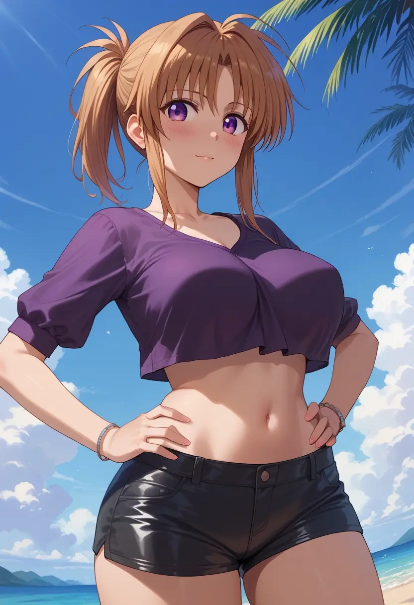 lyrical_nanoha,takamachi_nanoha,leather,shorts,crop top  - 