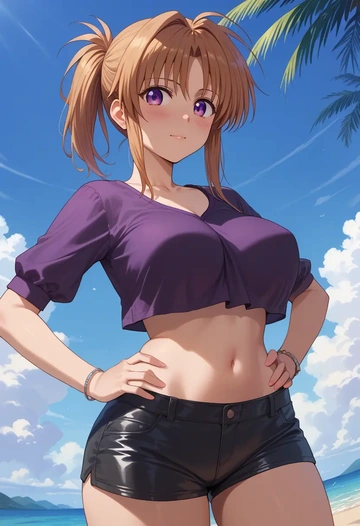 lyrical_nanoha,takamachi_nanoha,leather,shorts,crop top  - AI generated anime art