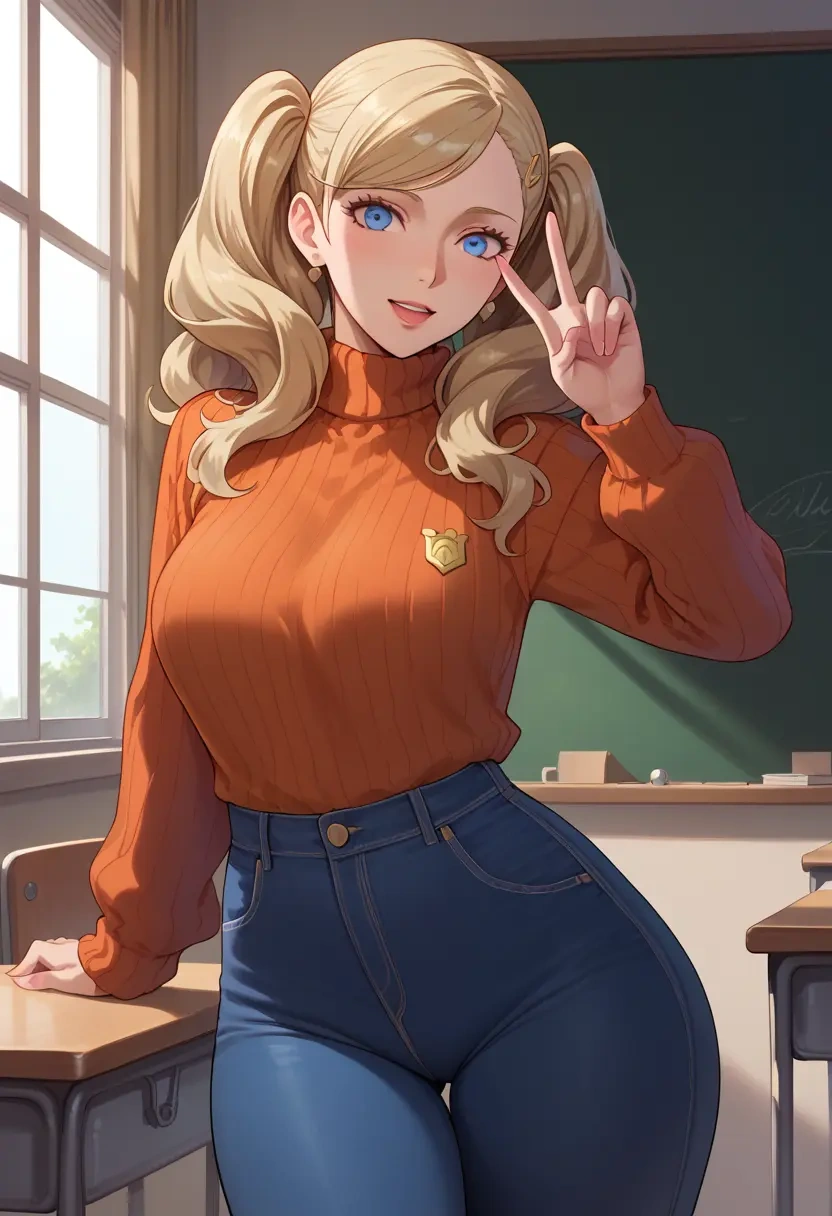 persona,takamaki_anne,teacher, sweater, jeans shorts  - 