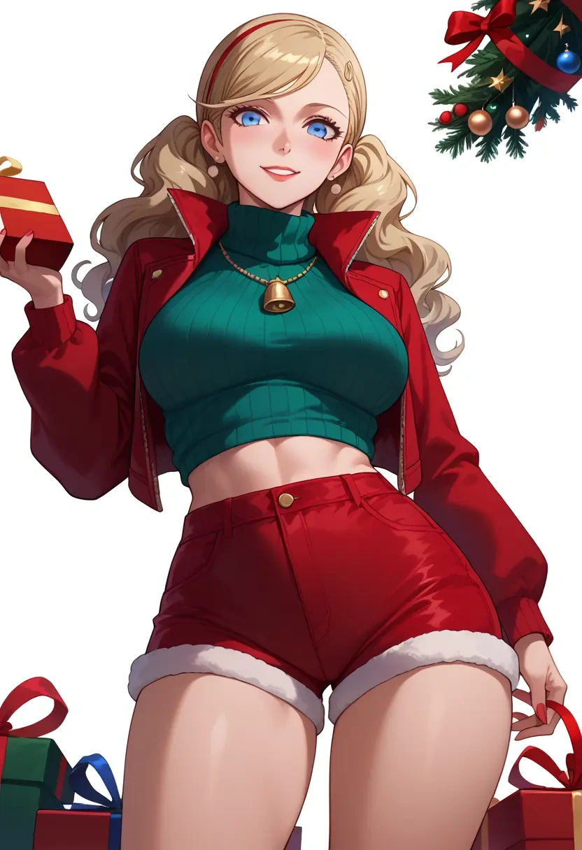 persona,takamaki_anne,Christmas,red velvet shorts,turtleneck sweater  - 