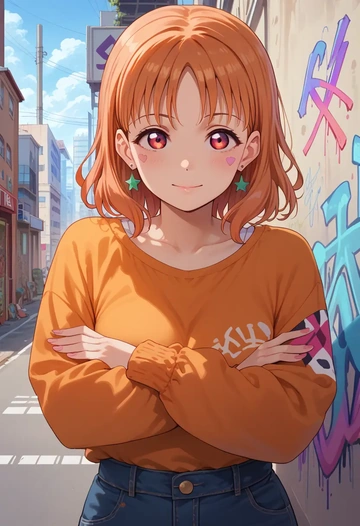 love_live,takami_chika,patchwork graffiti top,dolphin shorts  - AI generated anime art