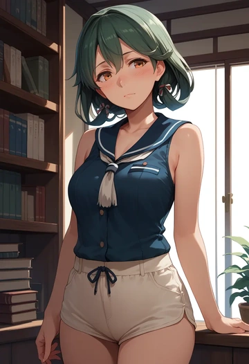 kantai_collection,takanami_(kancolle),sleeveless swim top,shorts-style bottom,contrast stitching  - AI generated anime art