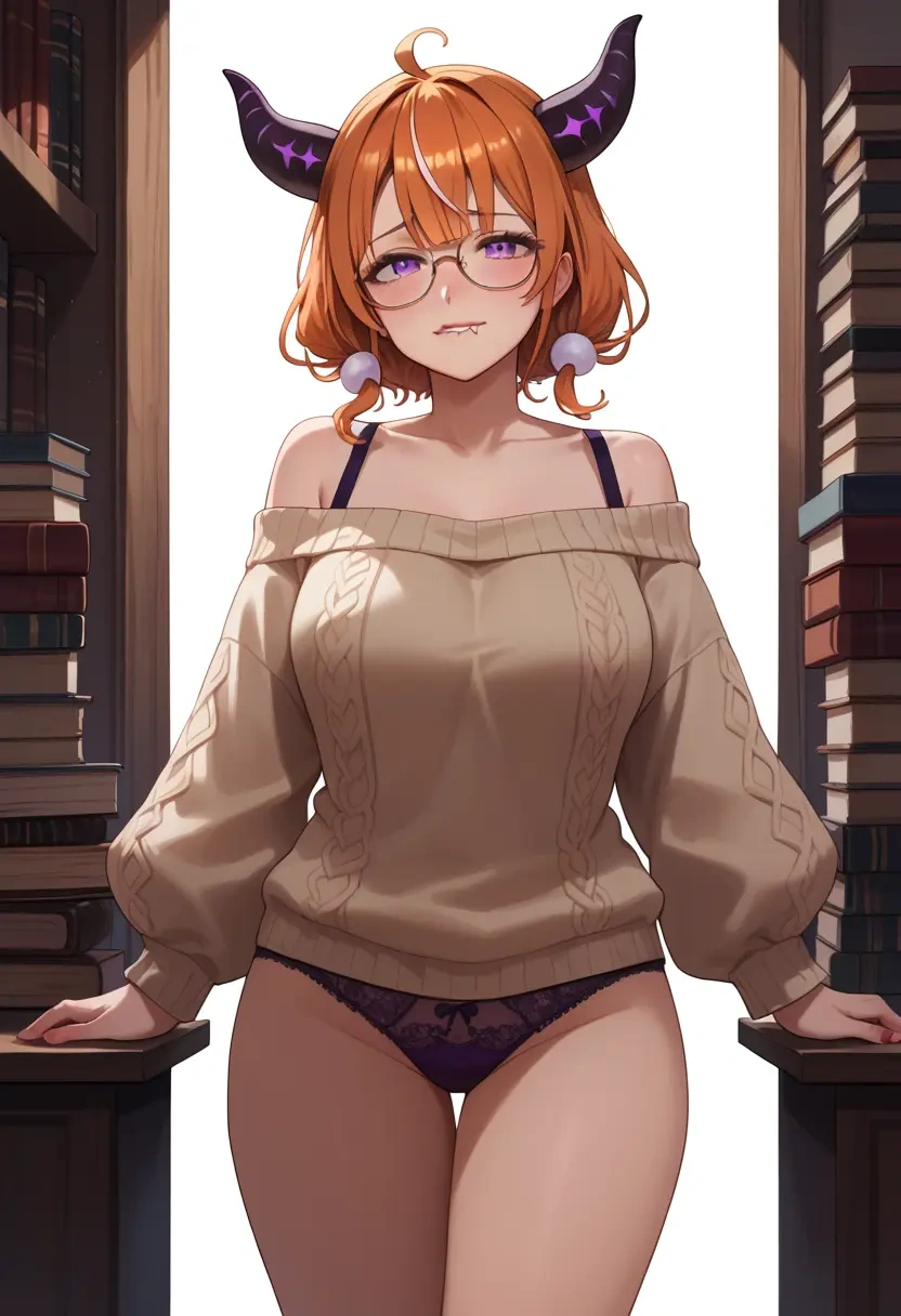 hololive,takanashi_kiara,sweater,panties,off-shoulder,glasses,sexy  - 