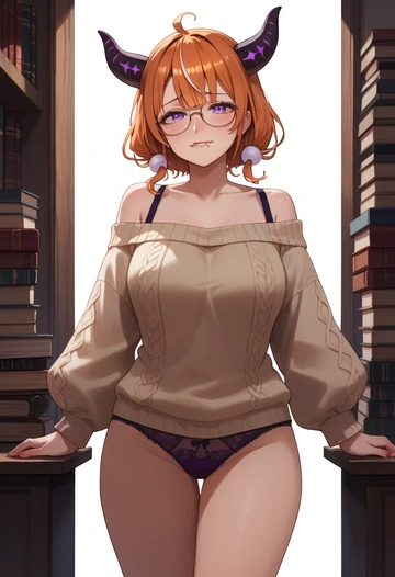 hololive,takanashi_kiara,sweater,panties,off-shoulder,glasses,sexy  - AI generated anime art