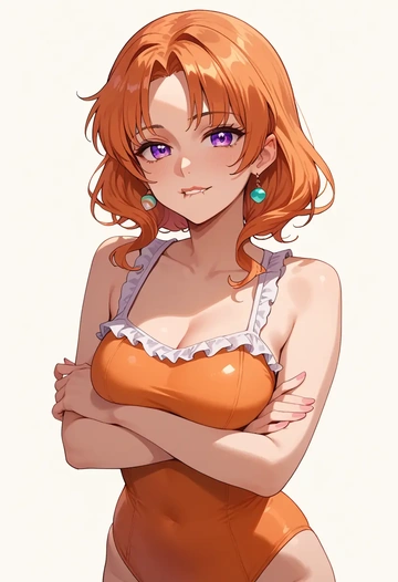 hololive,takanashi_kiara,retro style swimsuit,frilled neckline,bow detail  - AI generated anime art