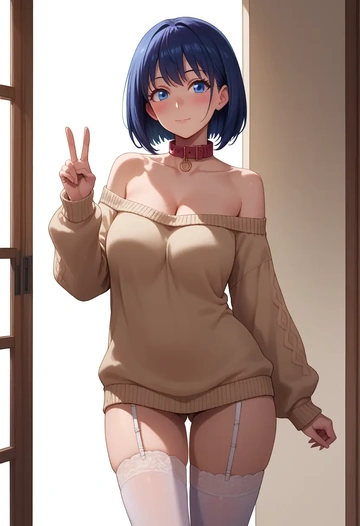 chuunibyou_demo_koi_ga_shitai,takanashi_rikka,blushing,collar,off-shoulder,sweater,stockings  - AI generated anime art