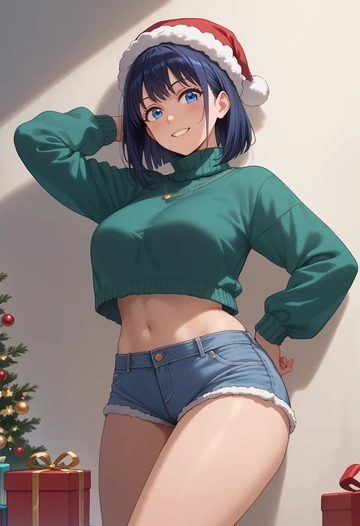 chuunibyou_demo_koi_ga_shitai,takanashi_rikka,Christmas,red velvet shorts,turtleneck sweater  - AI generated anime art