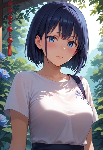 chuunibyou_demo_koi_ga_shitai,takanashi_rikka,calligraphy print shirt,dolphin shorts  - AI generated anime art