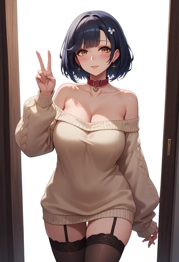 azur_lane,takao_(azur_lane),blushing,collar,off-shoulder,sweater,stockings  - AI generated anime art