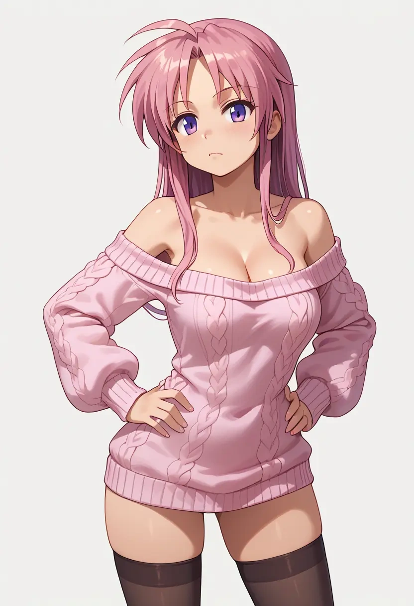 lucky_star,takara_miyuki,Hands on hips,off-shoulder,sweater,stockings  - 