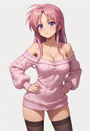 lucky_star,takara_miyuki,Hands on hips,off-shoulder,sweater,stockings  - AI generated anime art