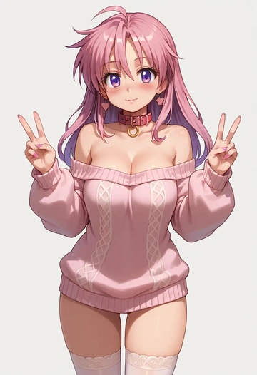 lucky_star,takara_miyuki,blushing,collar,off-shoulder,sweater,stockings  - AI generated anime art