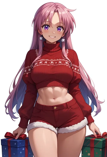 lucky_star,takara_miyuki,Christmas,red velvet shorts,turtleneck sweater  - AI generated anime art