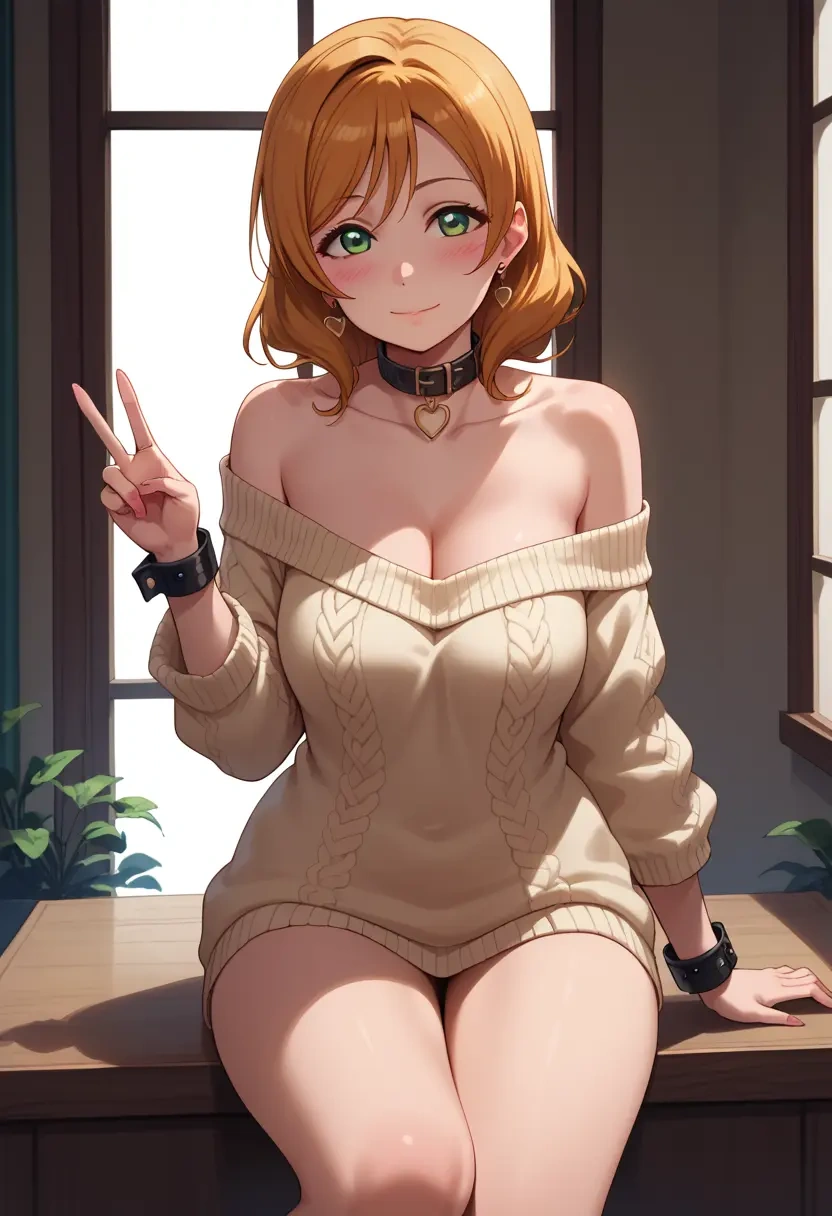 love_live,takasaki_yuu,blushing,collar,peace sign,off-shoulder,sweater  - 