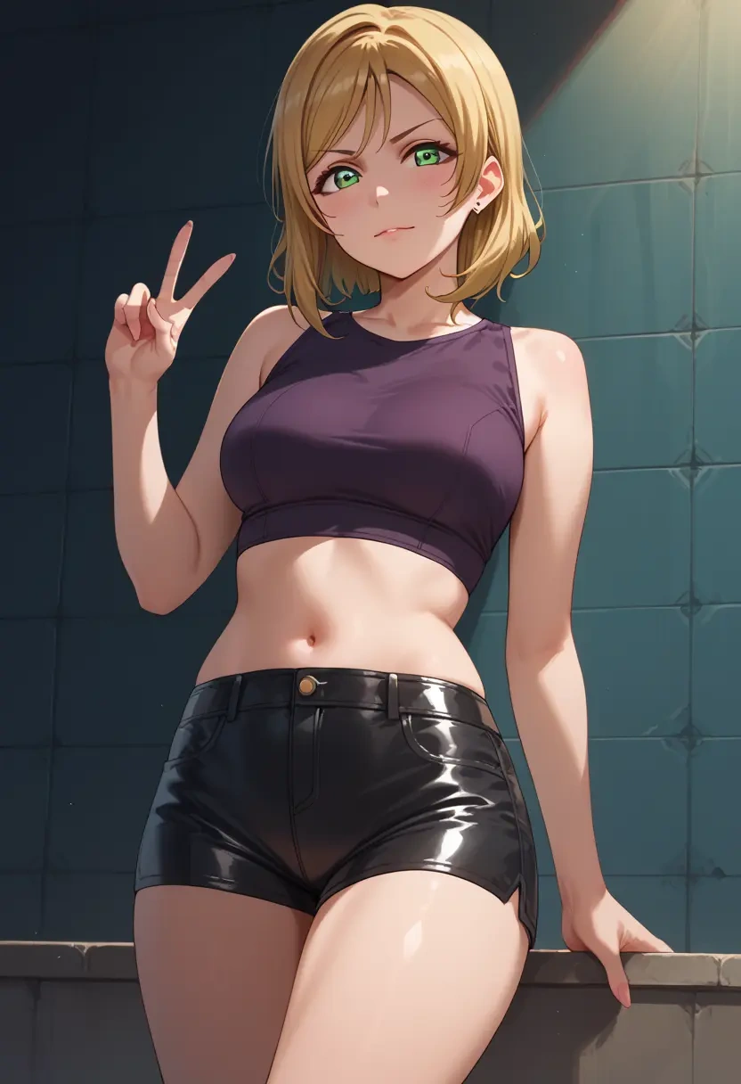 love_live,takasaki_yuu,leather,shorts,crop top  - 