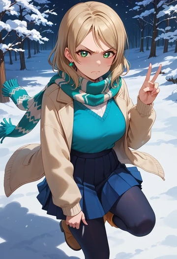 love_live,takasaki_yuu,winter,student uniform,puffer jacket  - AI generated anime art