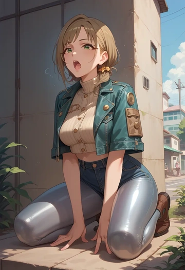 idolmaster,takatsuki_yayoi,denim jacket,cropped,leather leggings  - AI generated anime art