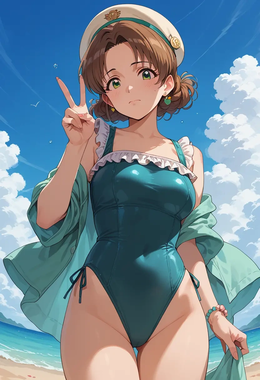 idolmaster,takatsuki_yayoi,retro style swimsuit,frilled neckline,bow detail  - 