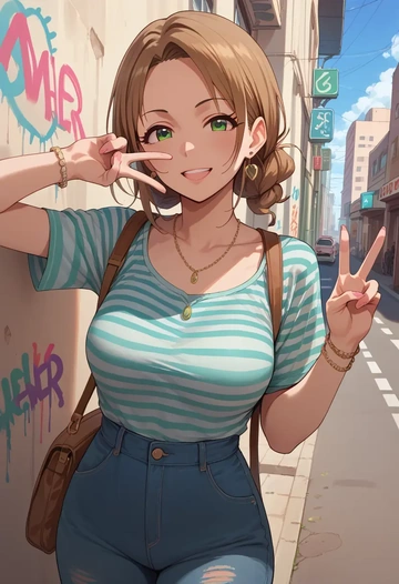 idolmaster,takatsuki_yayoi,striped graffiti blouse,dolphin shorts  - AI generated anime art