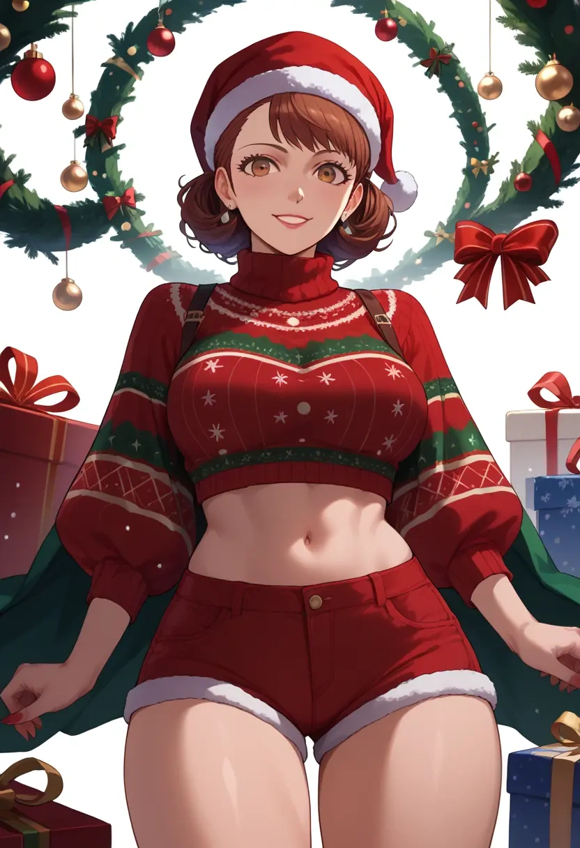 persona,takeba_yukari,Christmas,red velvet shorts,turtleneck sweater  - 