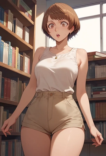 persona,takeba_yukari,sleeveless swim top,shorts-style bottom,contrast stitching  - AI generated anime art