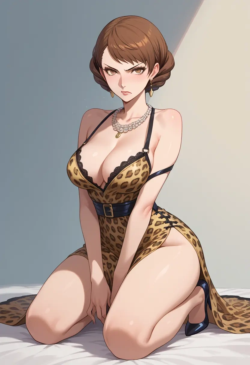 persona,takeba_yukari,leopard print,silk slip dress  - 