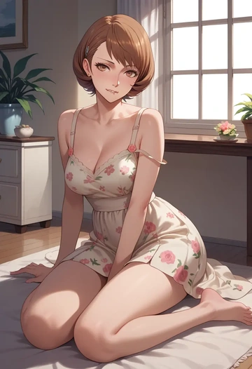 persona,takeba_yukari,silk slip dress,floral prints  - AI generated anime art