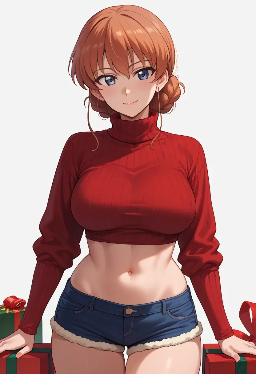 girls_und_panzer,takebe_saori,Christmas,red velvet shorts,turtleneck sweater  - 