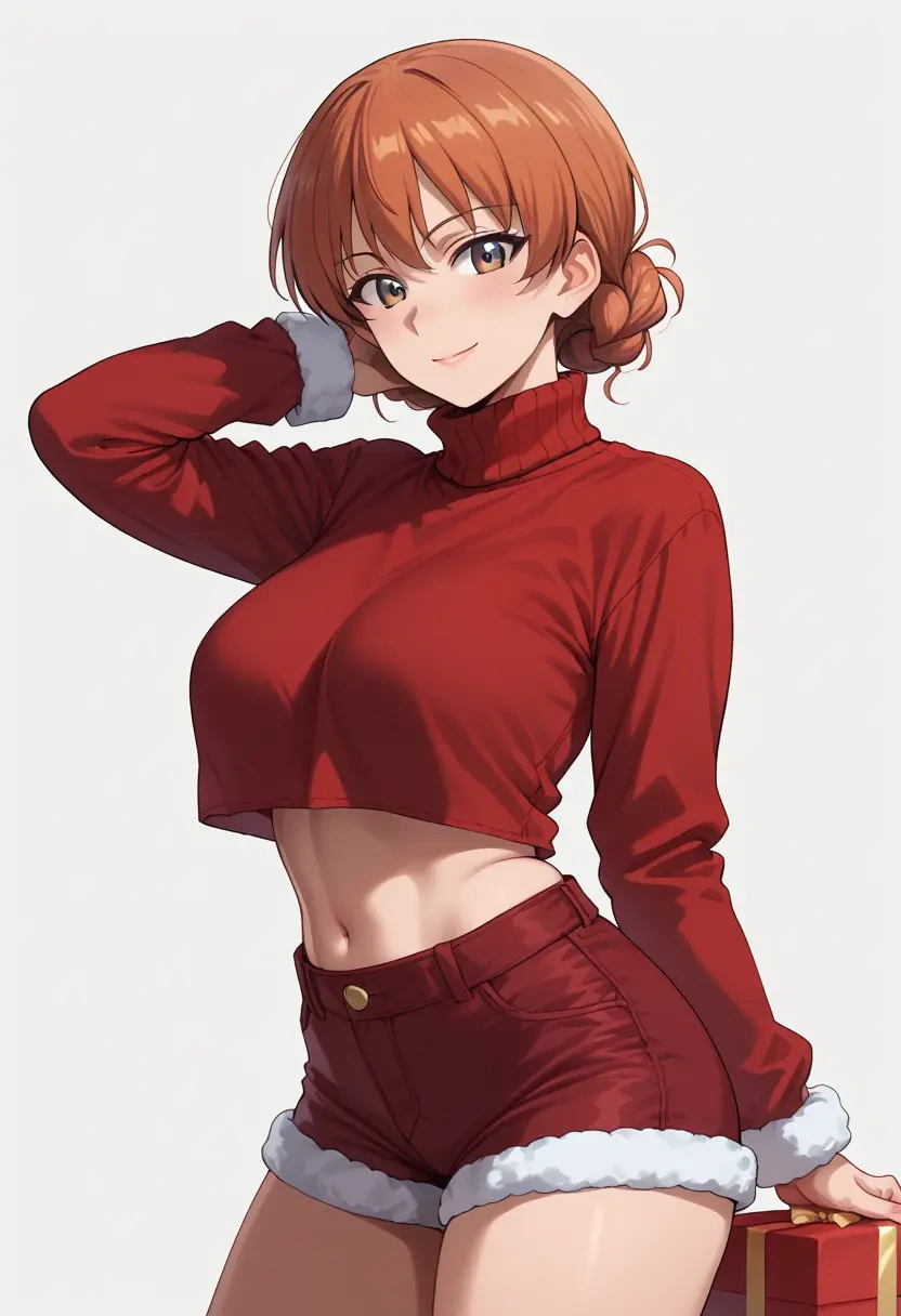 girls_und_panzer,takebe_saori,Christmas,red velvet shorts,turtleneck sweater  - 