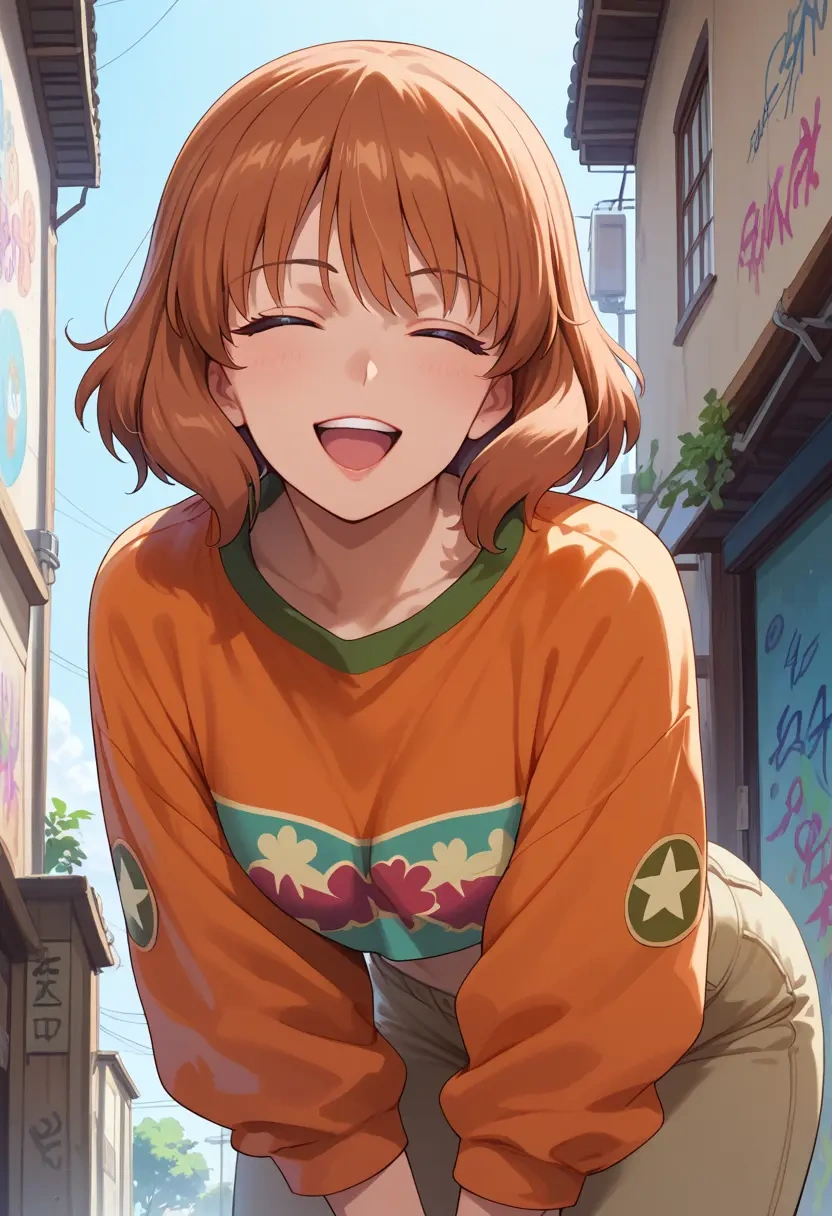 girls_und_panzer,takebe_saori,cropped graffiti sweatshirt,dolphin shorts  - 