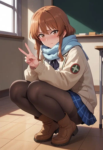 girls_und_panzer,takebe_saori,winter,student uniform,down jacket  - AI generated anime art