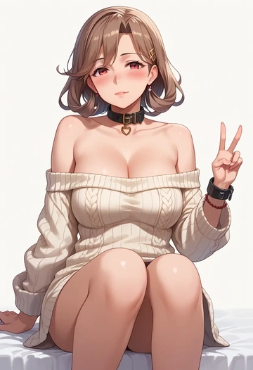 kantai_collection,tama_(kancolle),blushing,collar,peace sign,off-shoulder,sweater  - AI generated anime art