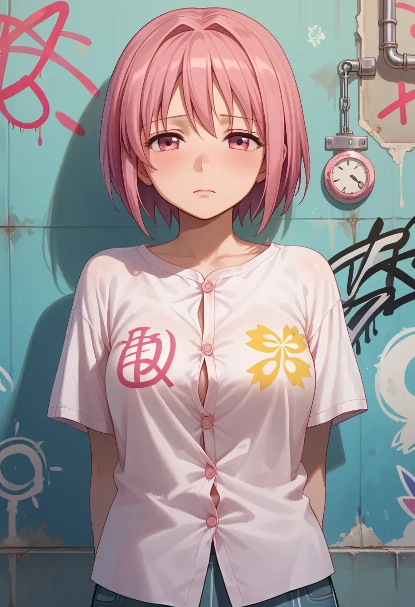 mahou_shoujo_madoka_magica,tamaki_iroha,oversized graffiti shirt,dolphin shorts  - 