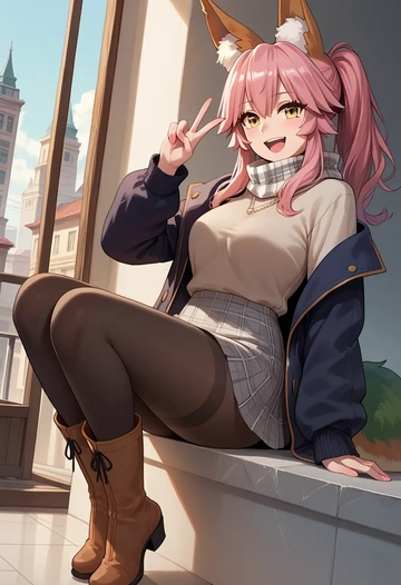 fate_(series),tamamo_(fate),winter,student uniform,fur-lined parka  - AI generated anime art