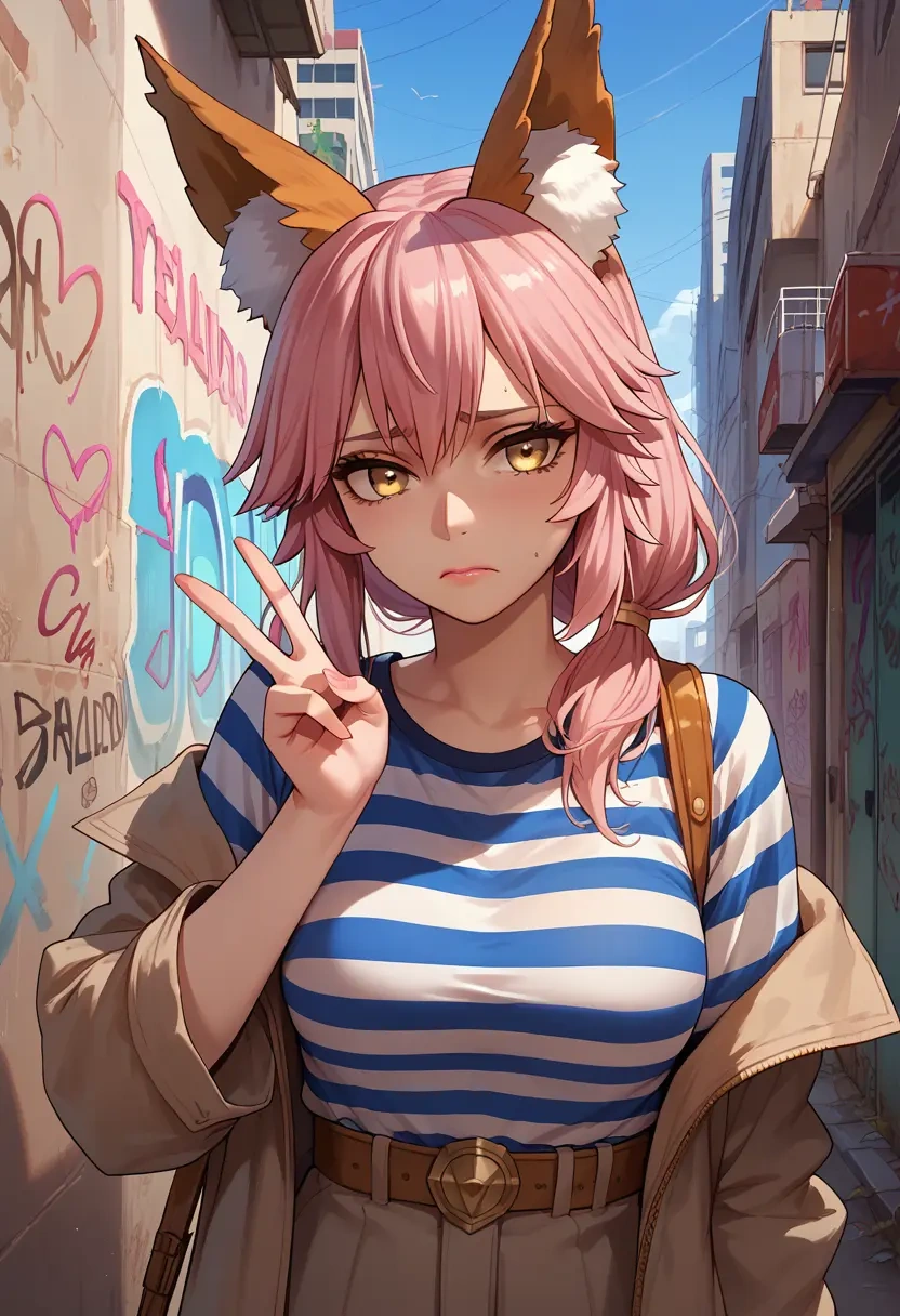 fate_(series),tamamo_(fate),striped graffiti blouse,dolphin shorts  - 